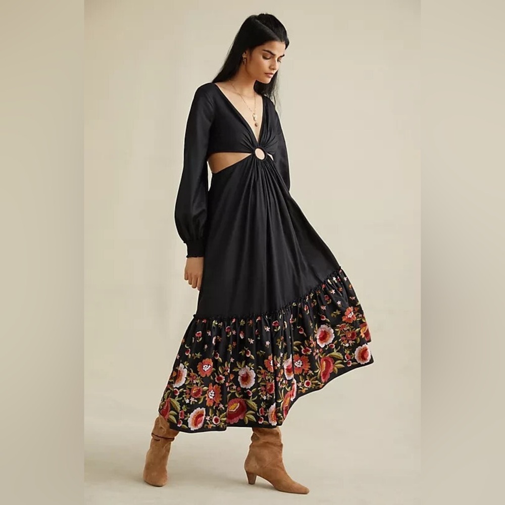 Anthropology Black Cut-Out Embroidered Maxi Dress Long Sleeve 100% Cotton